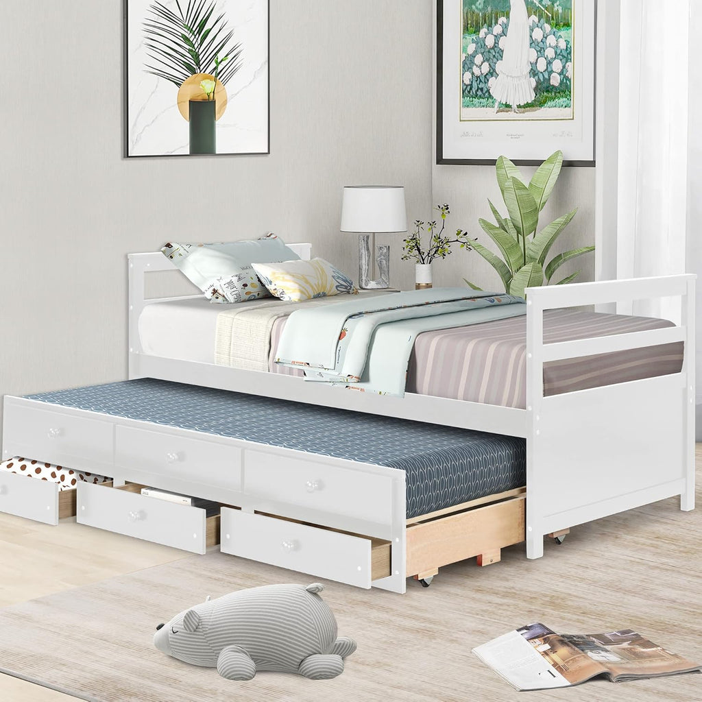 White Twin Captain Bed with Trundle and 3 Storage Drawers B524