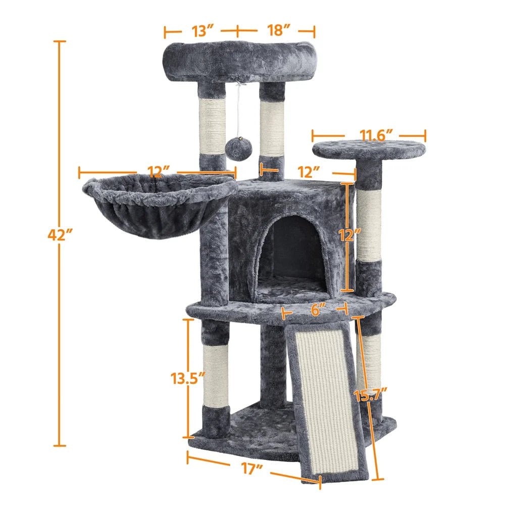42"H Multilevel Cat Tree Tower with Condo and Perches, Dark Gray R6210