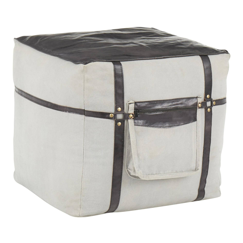 Black Leather Grey Canvas Pouf F8787