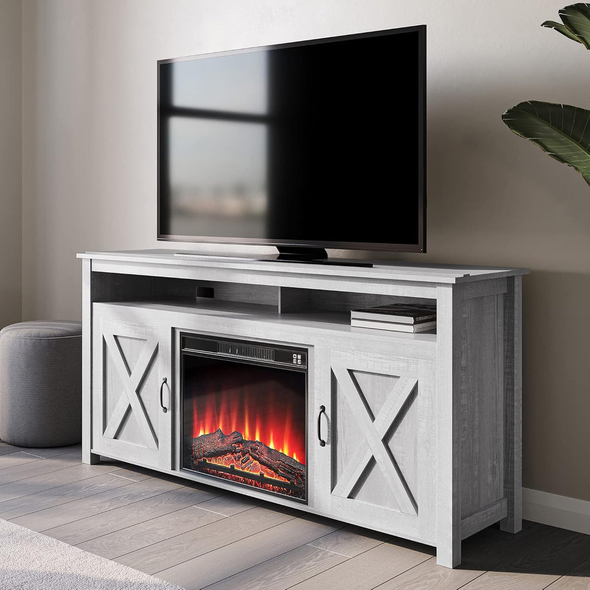 Barn Door Wood Electric Fireplace TV Stand with Two Open Shelves and Cabinets O71269