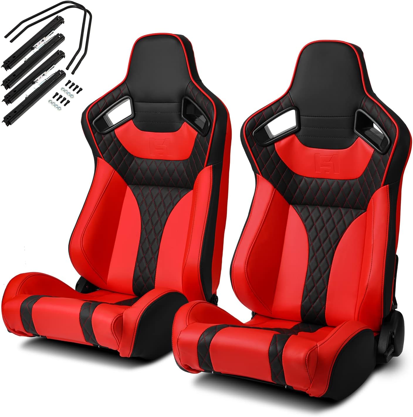 Pair of Black Red PVC Leather Sport Racing Seats with Sliders T38929