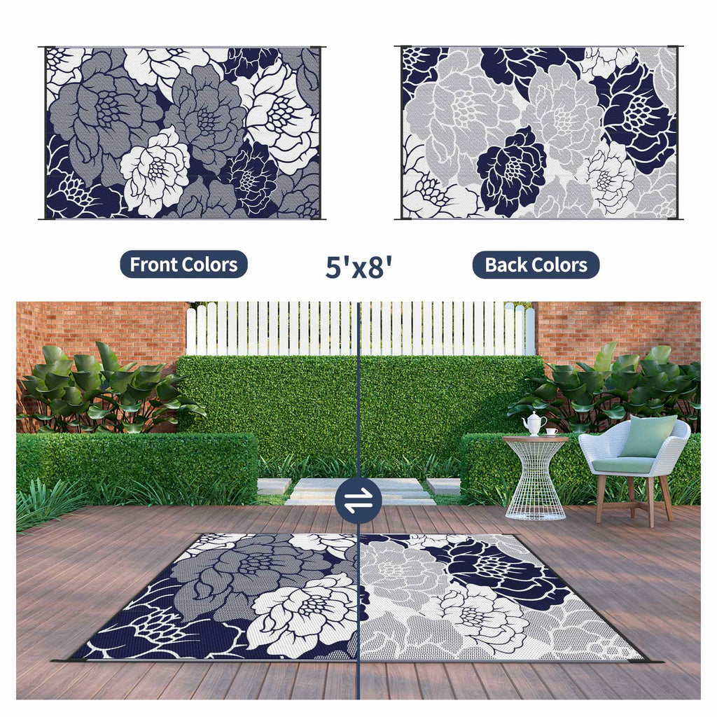 Waterproof Plastic Outdoor Rug, blue&white, 5'x8' W396