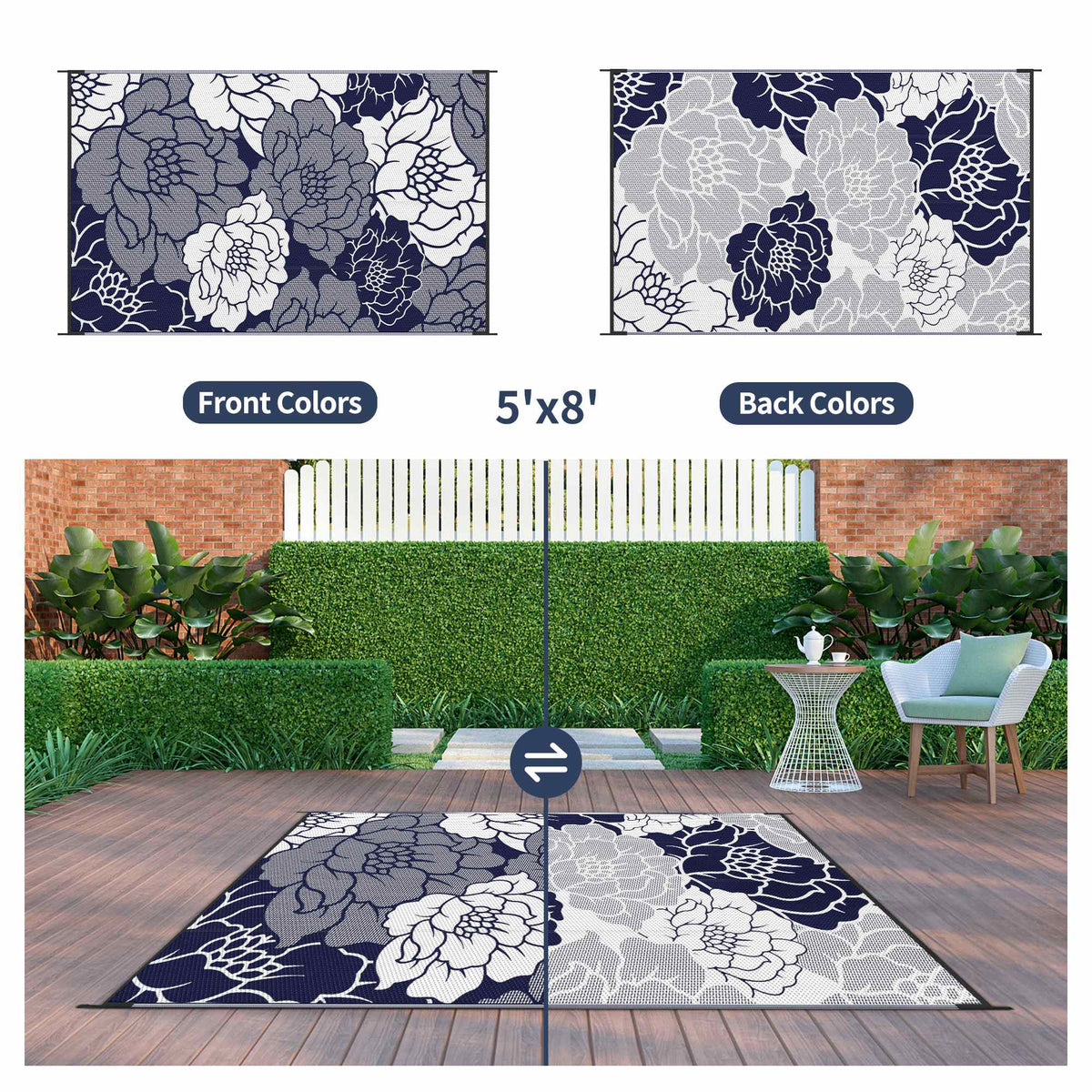 Waterproof Plastic Outdoor Rug, blue&white, 5'x8' W396