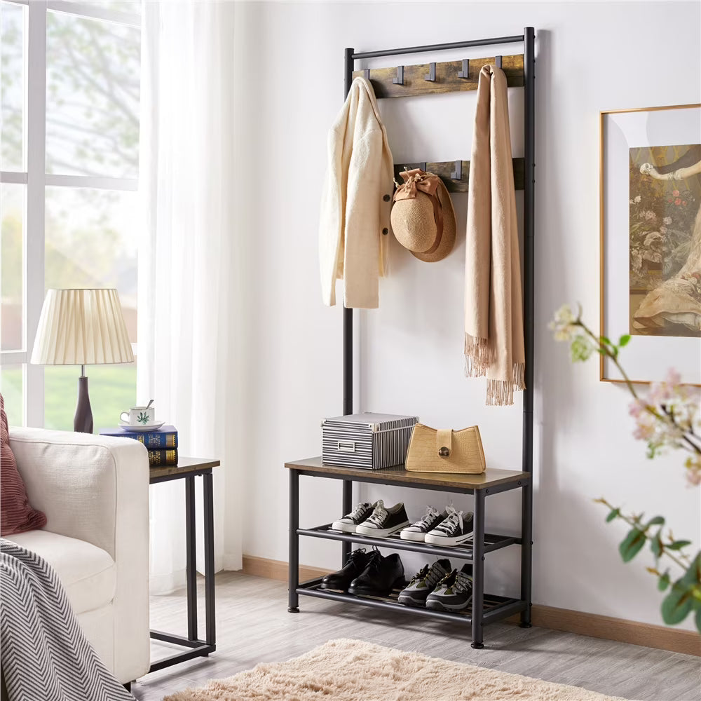 Rustic Brown Wooden Entryway Coat Rack with Shoe Storage Bench Q302130