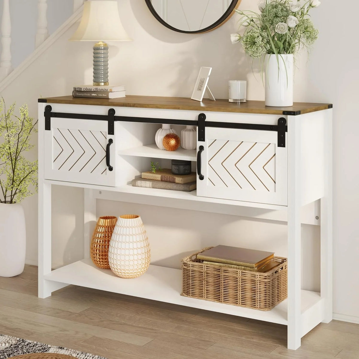 White-Brown Console Table with Sliding Barn Doors D563