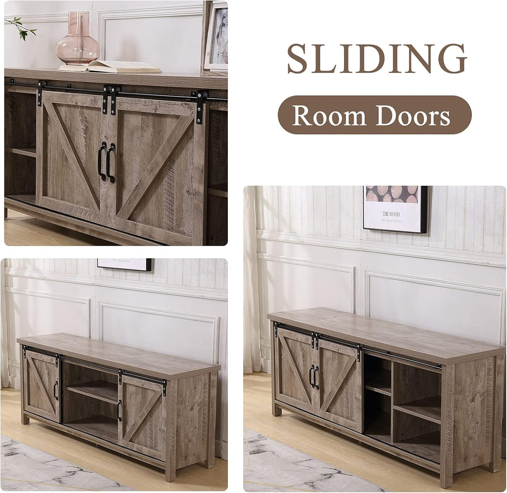 Farmhouse TV Stand with Double Sliding Barn Door Storage Cabinet P104