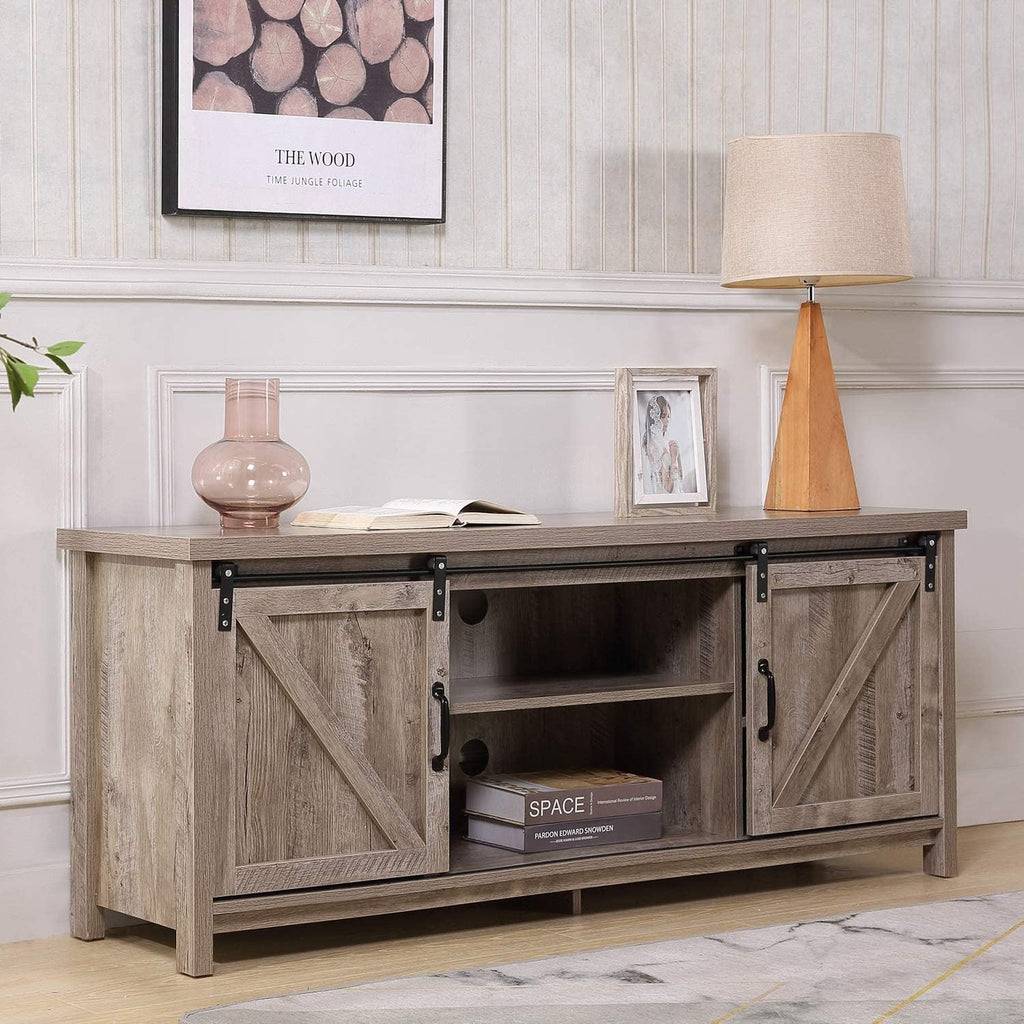 Farmhouse TV Stand with Double Sliding Barn Door Storage Cabinet P104