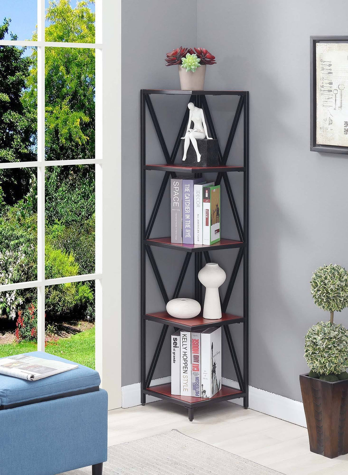 Weathered Gray / Black Metal 5 Tier Corner Bookcase L91340