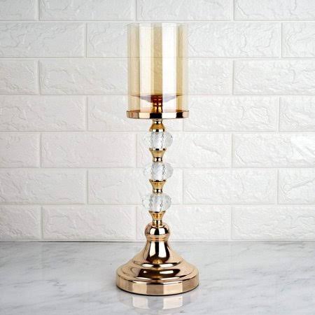 Gold 17 in Tall Metal Glass Crystal Candle Holder Centerpiece R725330