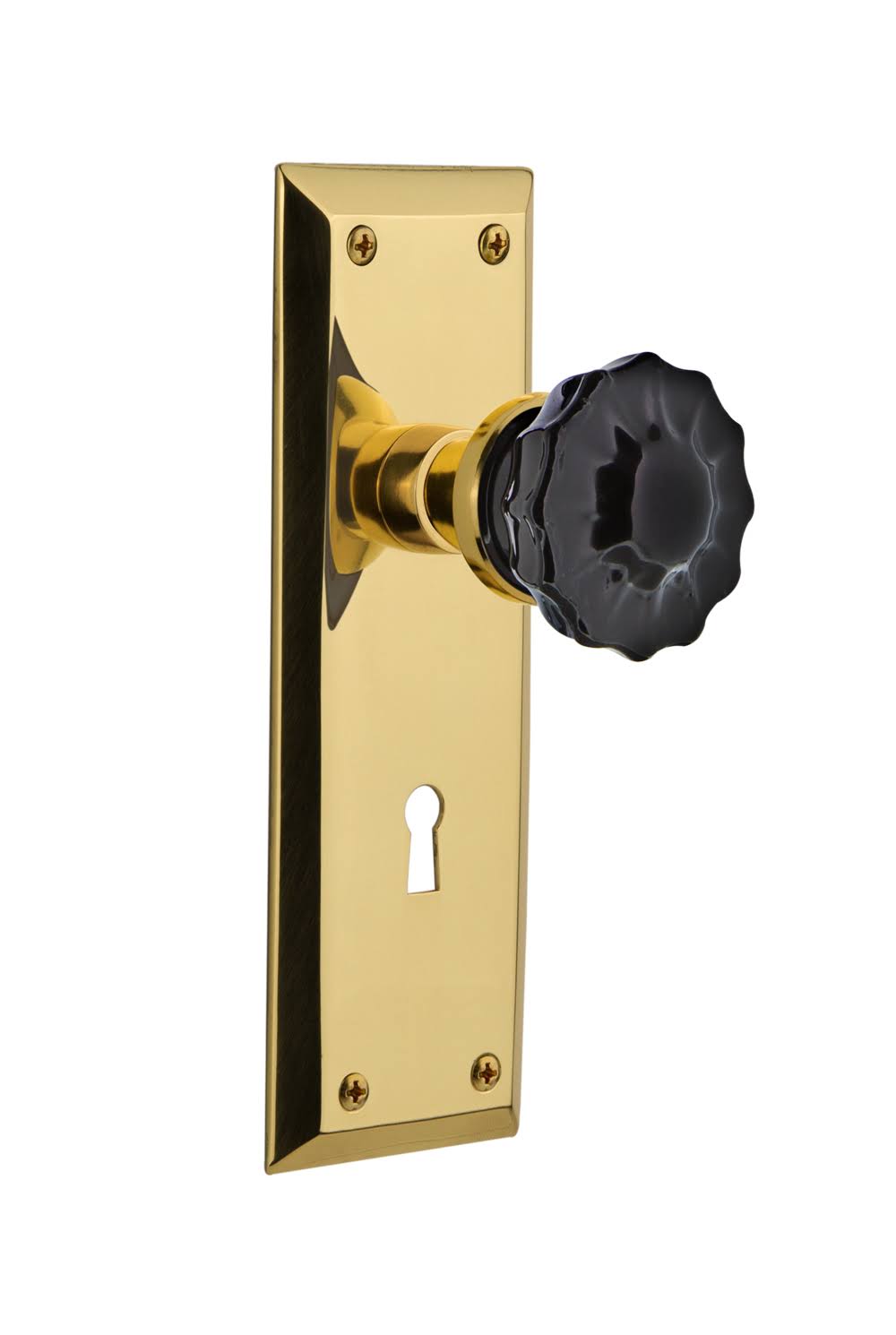 Crystal Black Glass Door Knob in Polished Brass Q427