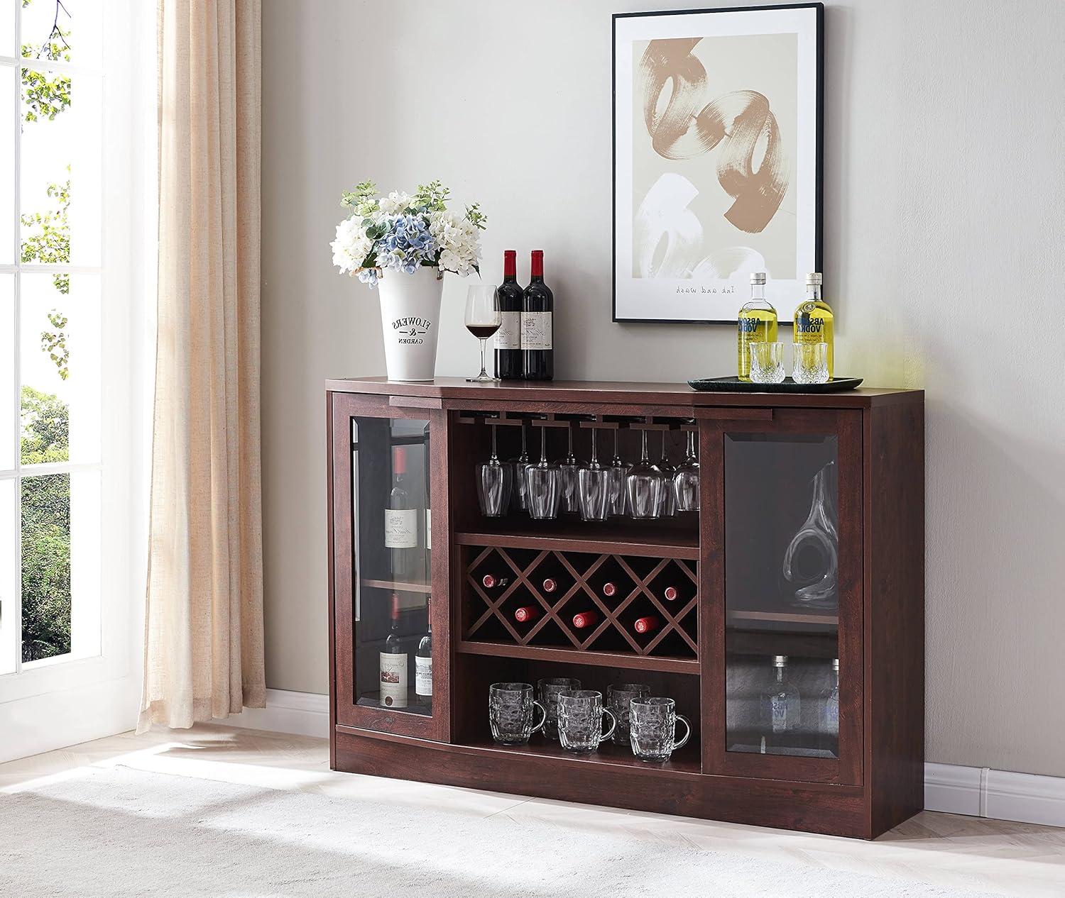 Espresso Bar Cabinet with Curved Glass Doors F64909