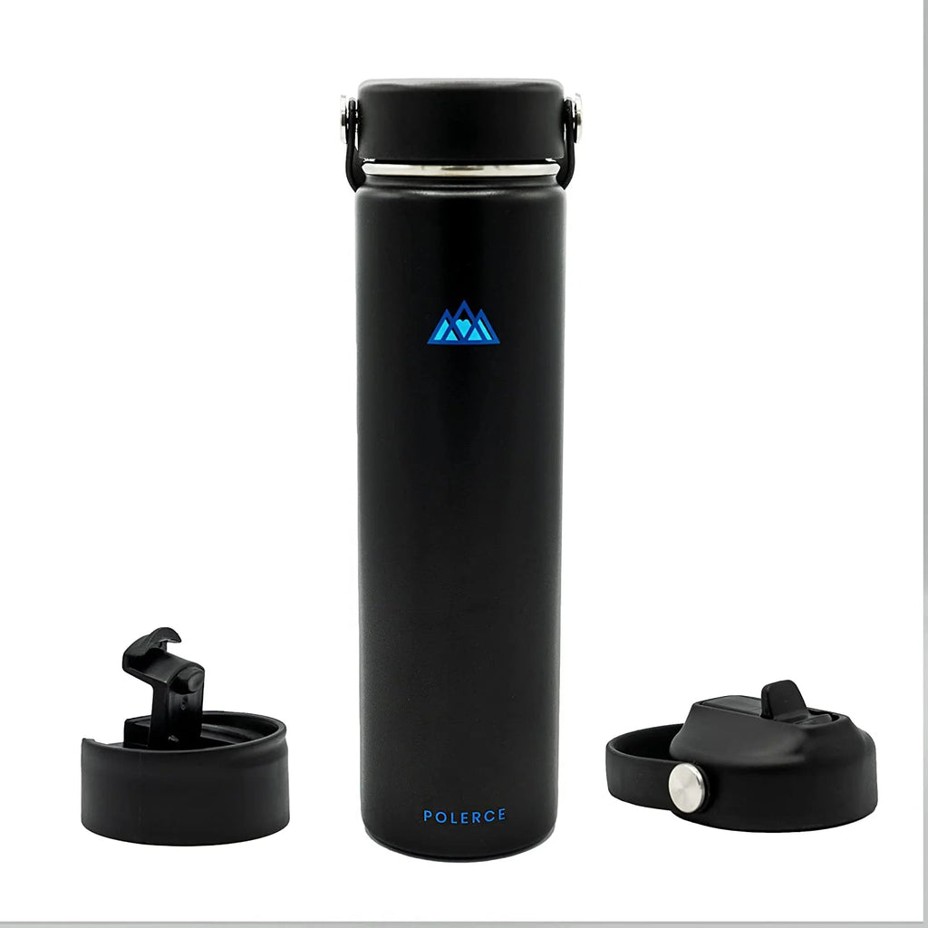 24 Oz Black Stainless Steel Vacuum Insulated Bottle with 3 Lids C523058