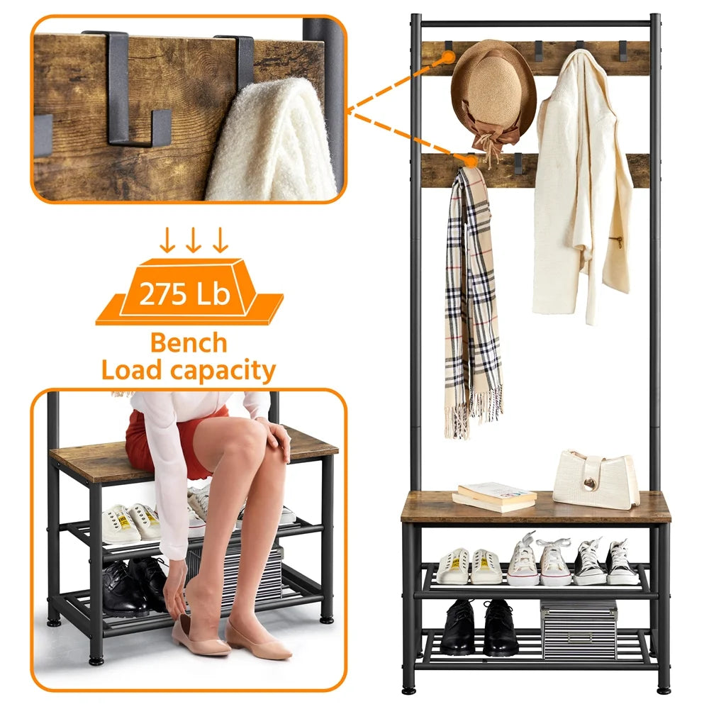 Rustic Brown Wooden Entryway Coat Rack with Shoe Storage Bench Q302130