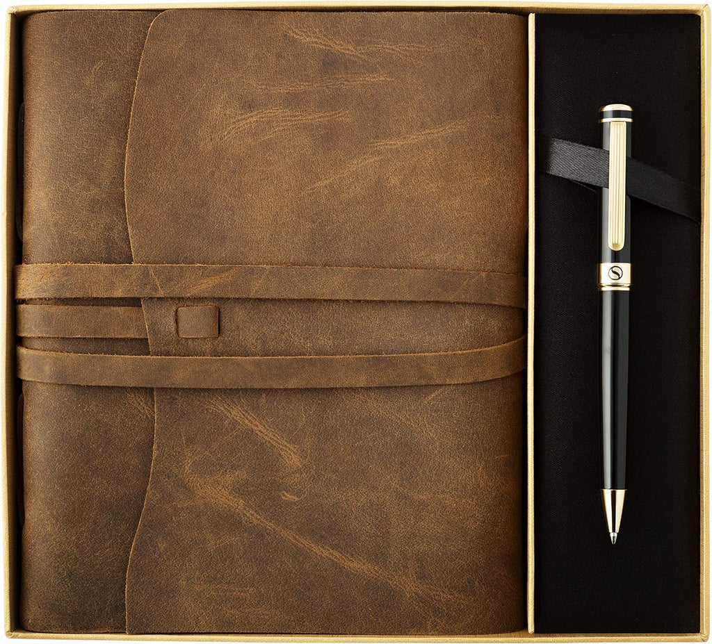 Black Lacquer & 24K Gold Pen, 8x6 Inch Handmade Genuine Leather Journal, Cotton Paper, Pack of 2 L512280