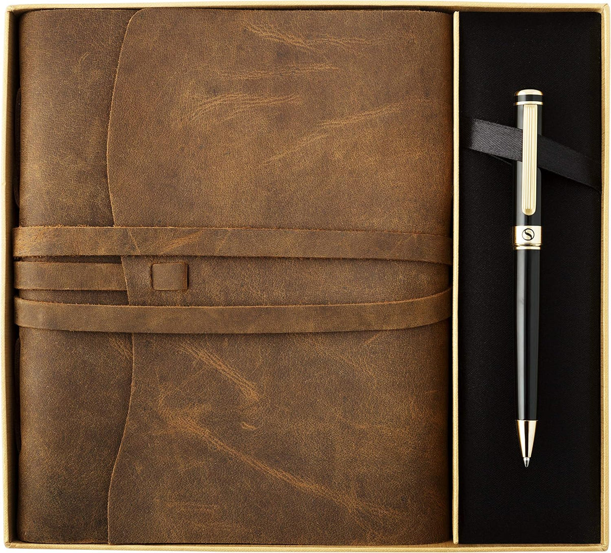 Black Lacquer & 24K Gold Pen, 8x6 Inch Handmade Genuine Leather Journal, Cotton Paper, Pack of 2 L512280