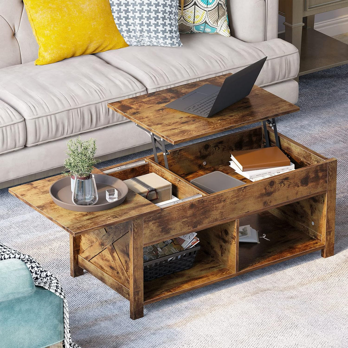 Lift Top Coffee Table with Storage, Solid Wood, Brown T7725
