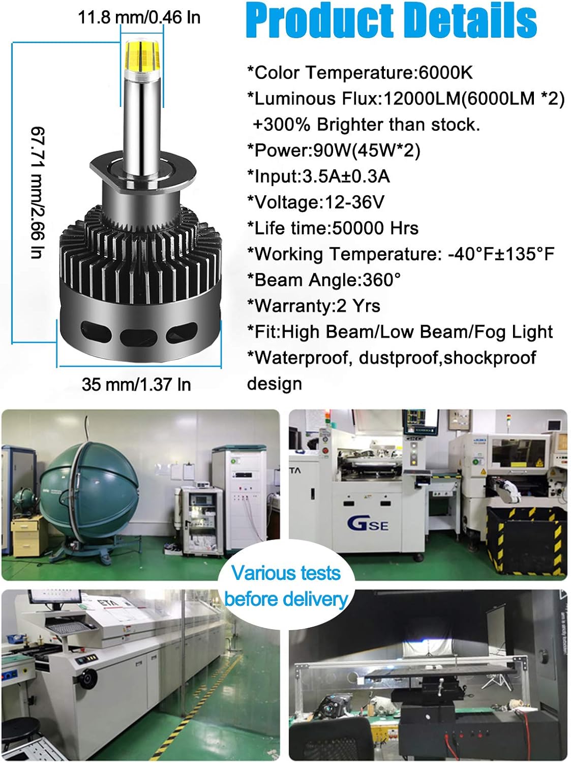 H1 LED Headlight Bulb, High Beam, Low Beam, Halogen Replace Kit, 12000lm 6K, Pack of 2 B3075