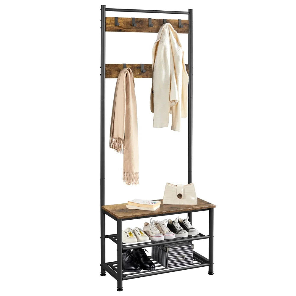 Rustic Brown Wooden Entryway Coat Rack with Shoe Storage Bench Q302130
