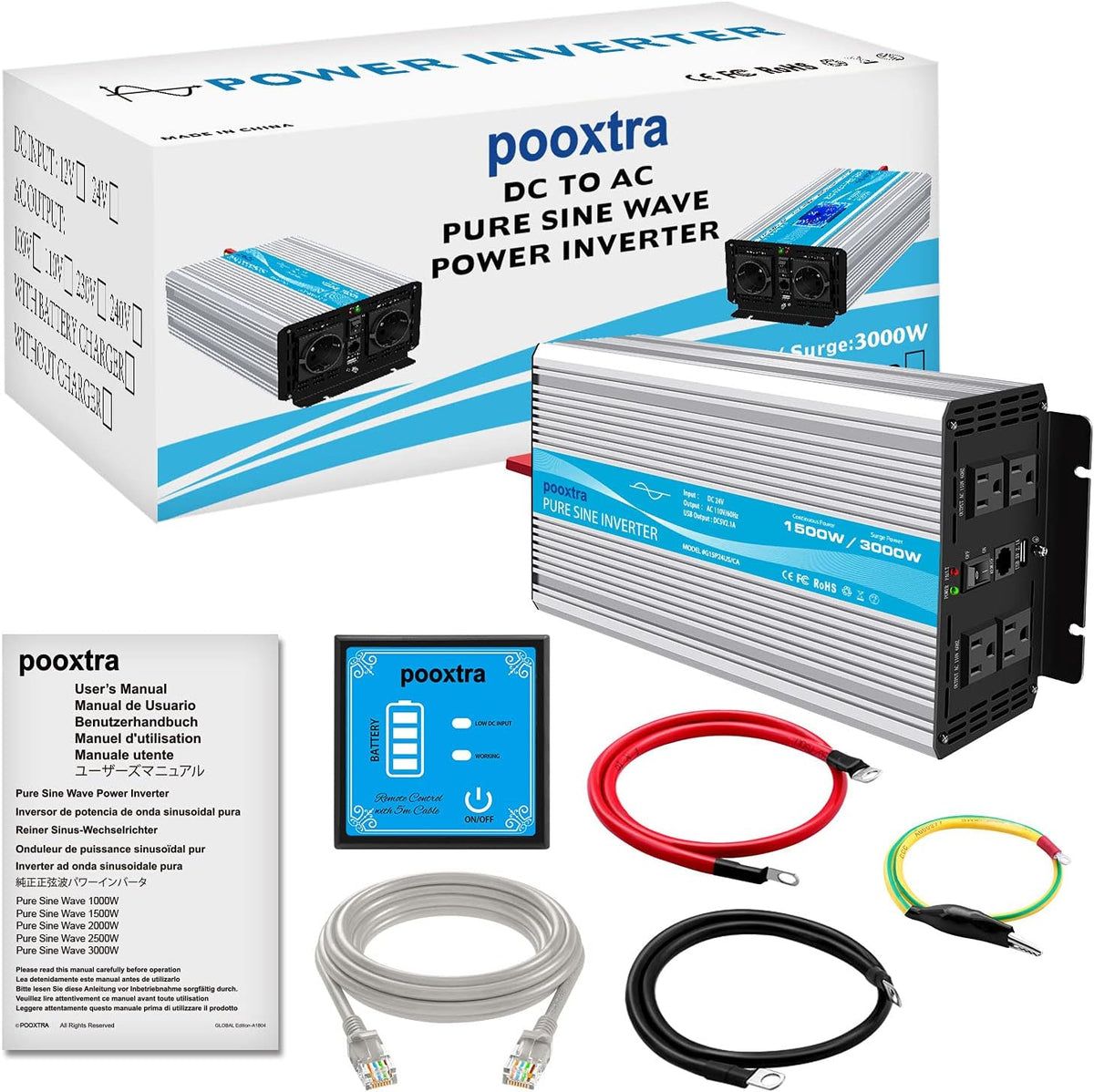 1500 Watt Pure Sine Wave Power Inverter DC 24V to 110V with 4 AC Outlets and 2.1A USB Ports Z7950