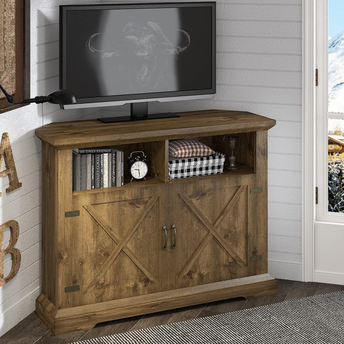 Rustic Oak Corner TV Stand with Storage Cabinets U410