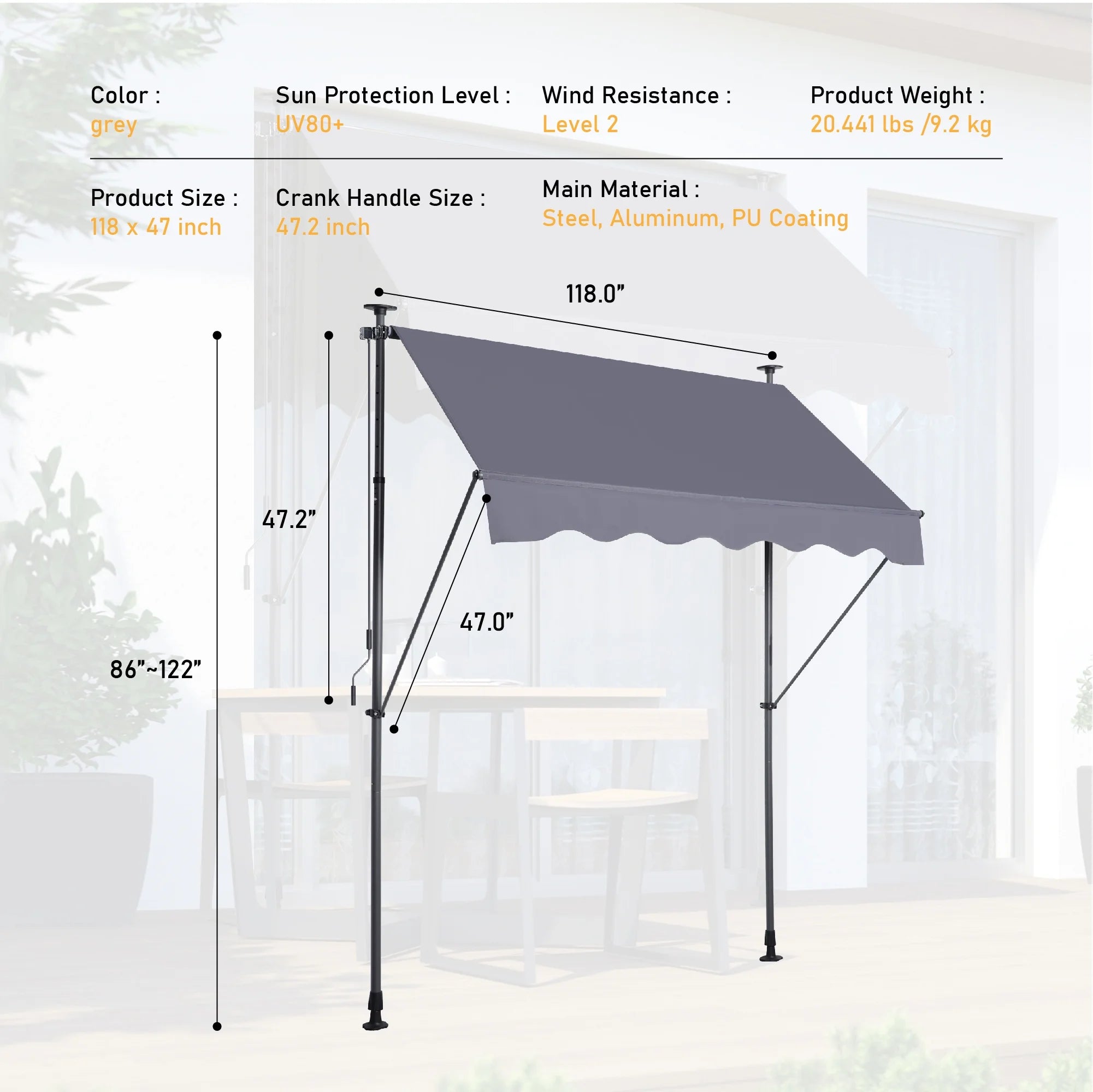 Manual Retractable Awning 118'' Outdoor Sun Shade Cover with UV Protection 100% Polyester Canopy N3845