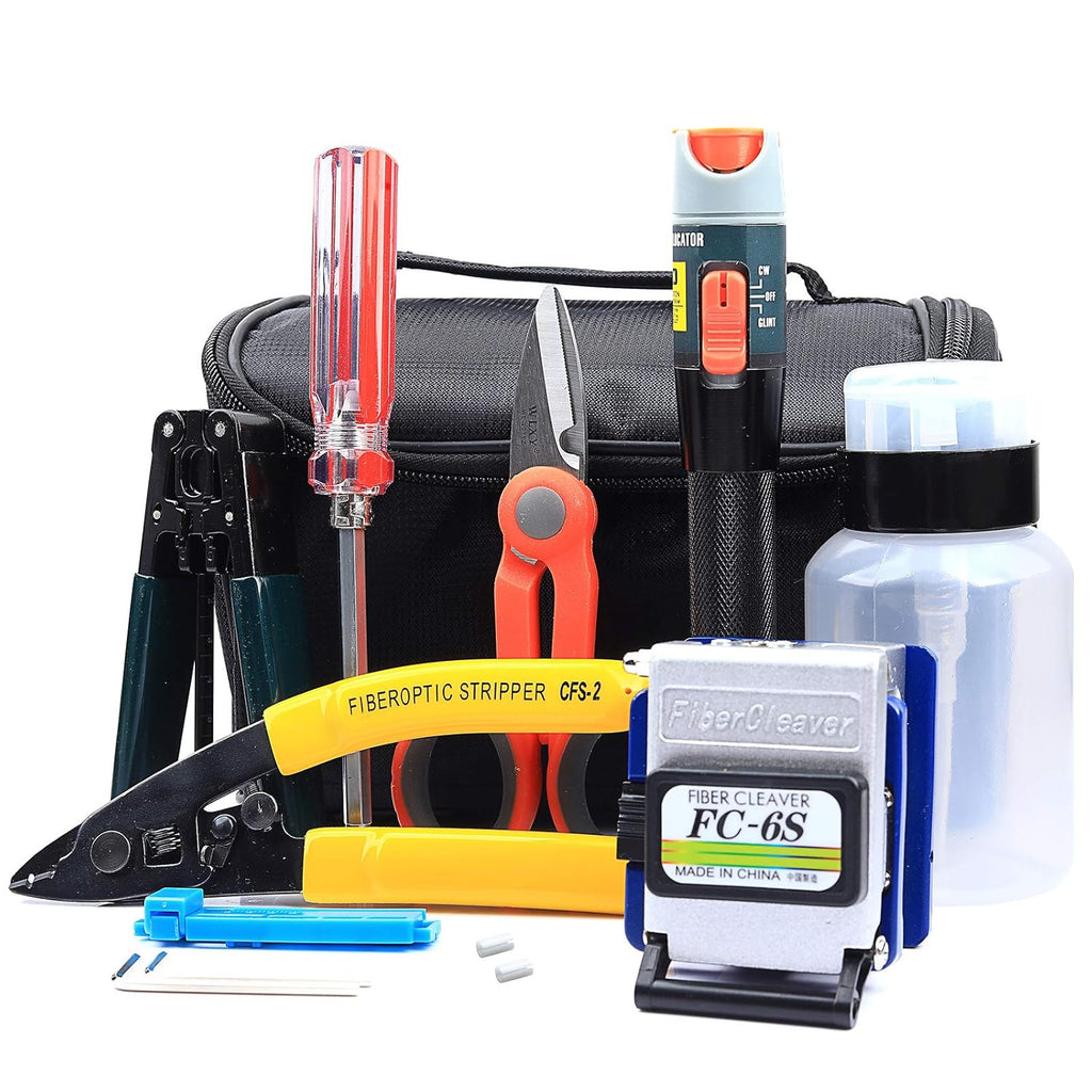 16 in 1 FTTH Fiber Optical Cable Cold Connection Tool Kit with FC-6S Fiber Cleaver Aluminum Visual Fault Locator Cable Tester Stripper Tool Kevlar Scissors Equipment L4637