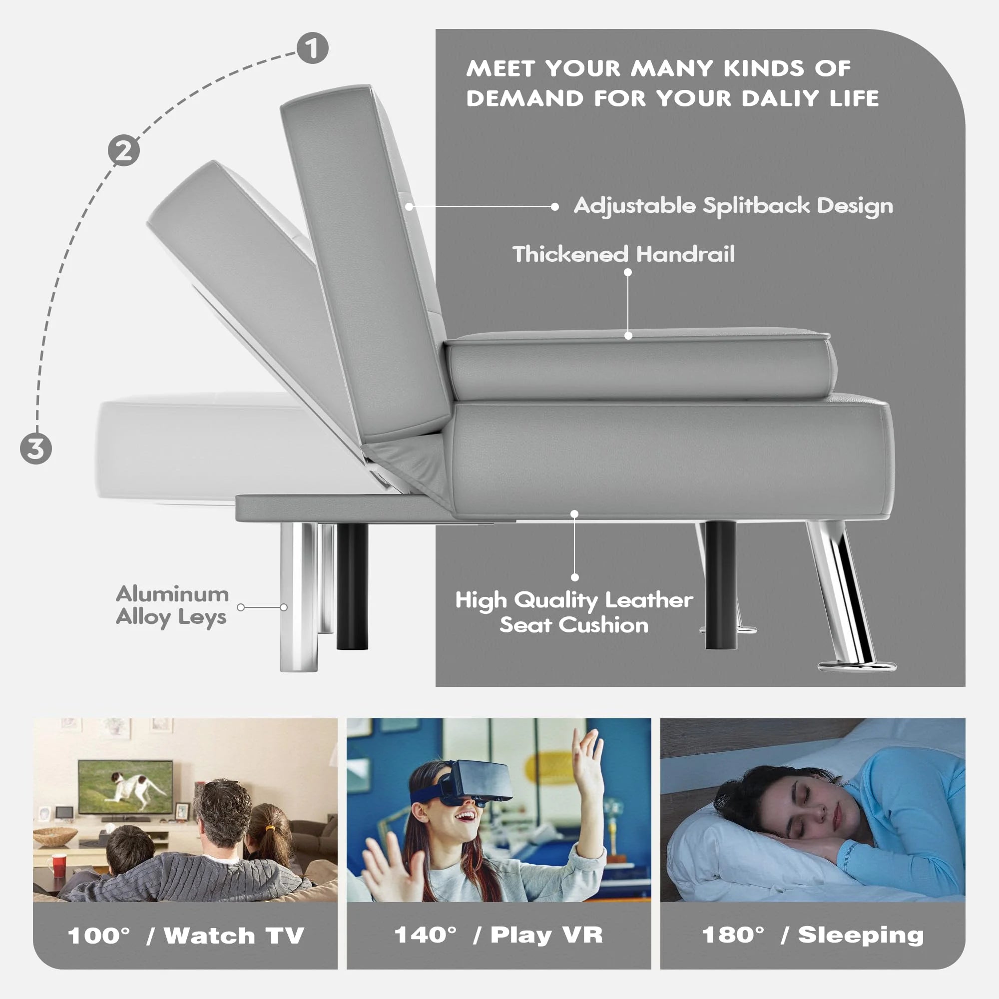 Grey Faux Leather Foldable Futon Sofa Bed with Removable Armrests Q809752