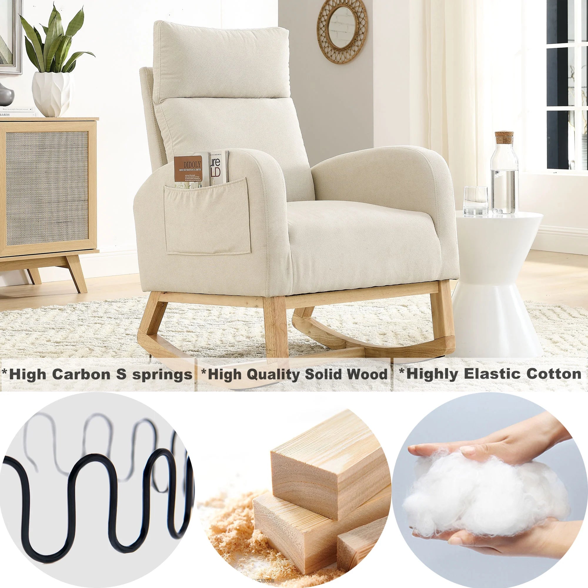 White Fabric Upholstered Rocking Chair with Solid Wood Base and 2 Side Pockets Z43711