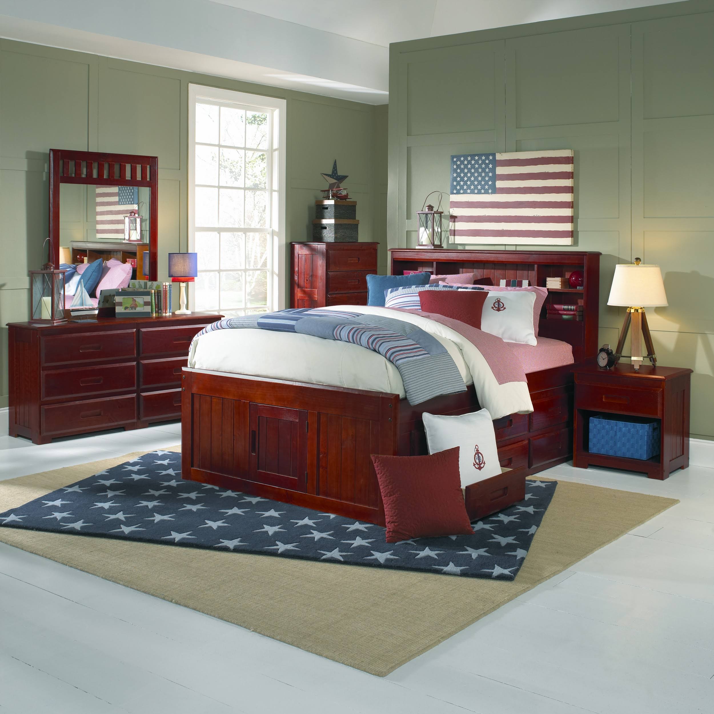 Full Bookcase Bed with 6 Drawer Under Bed Storage in Merlot Finish M58831