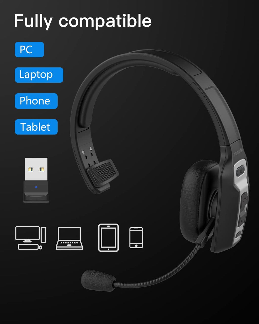Bluetooth Headset with USB Dongle, Single-Ear Wireless Headset with Noise Cancelling Microphone, Pack of 2 O5137