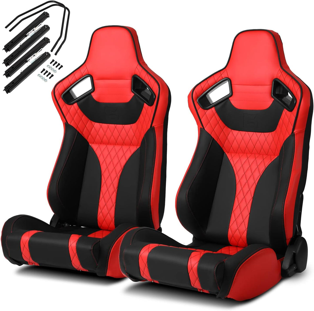 Pair of Black Red PVC Leather Sport Racing Seats with Sliders T38929