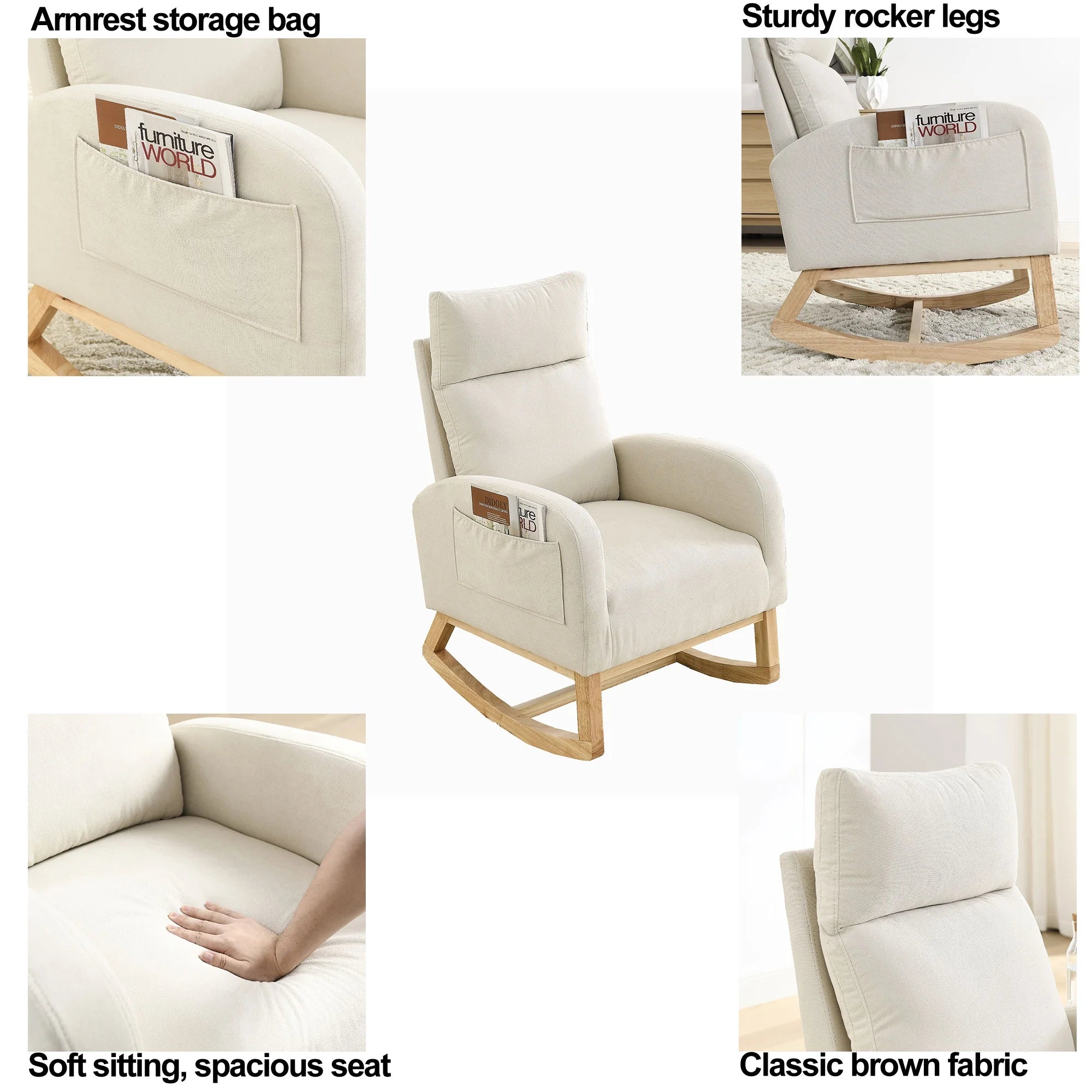 White Fabric Upholstered Rocking Chair with Solid Wood Base and 2 Side Pockets Z43711
