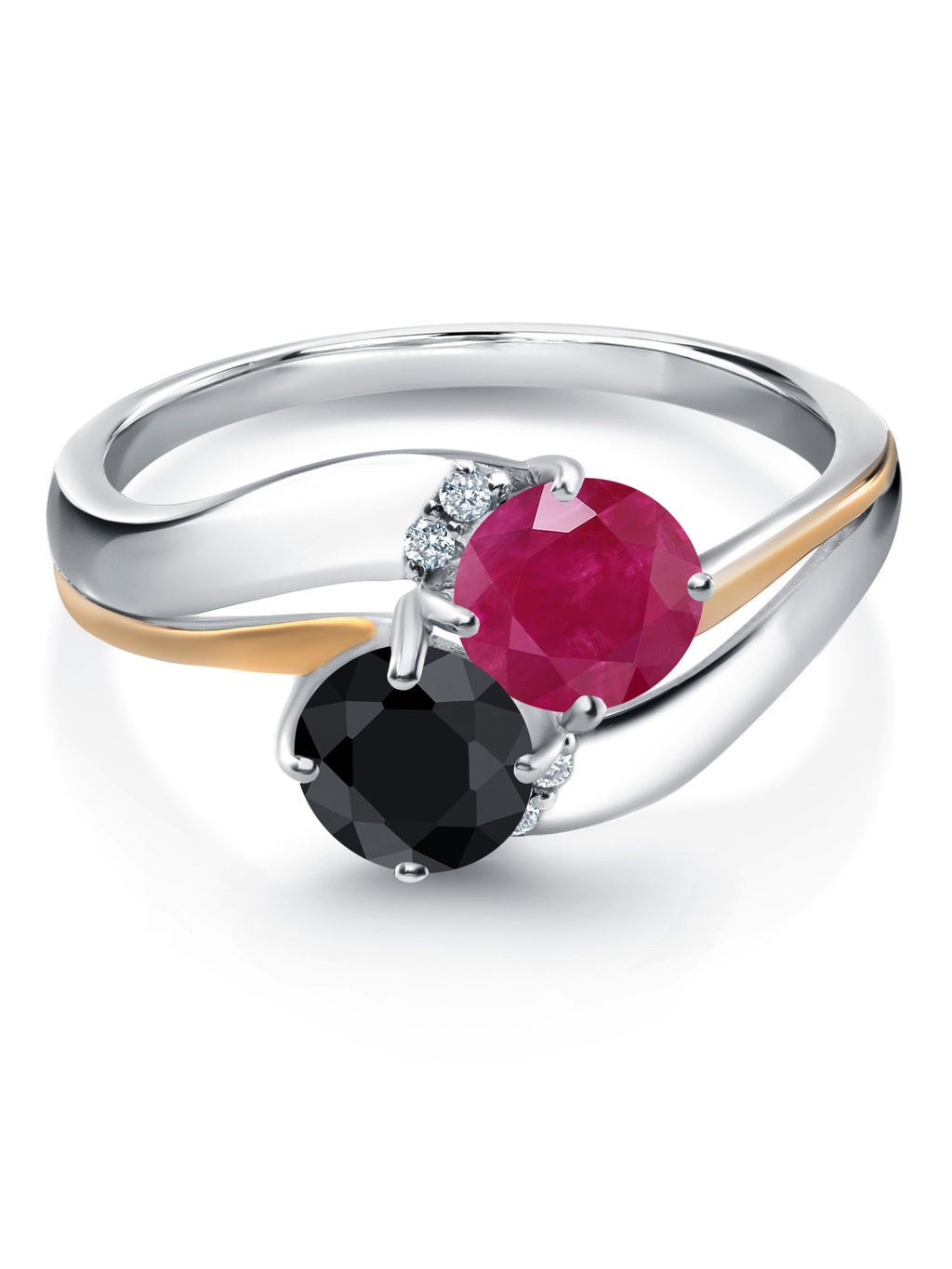 925 Sterling Silver and 10K Yellow Gold Black Sapphire Red Ruby 5MM Round 2 Stone Lab Grown Diamond Accent Ring P988542