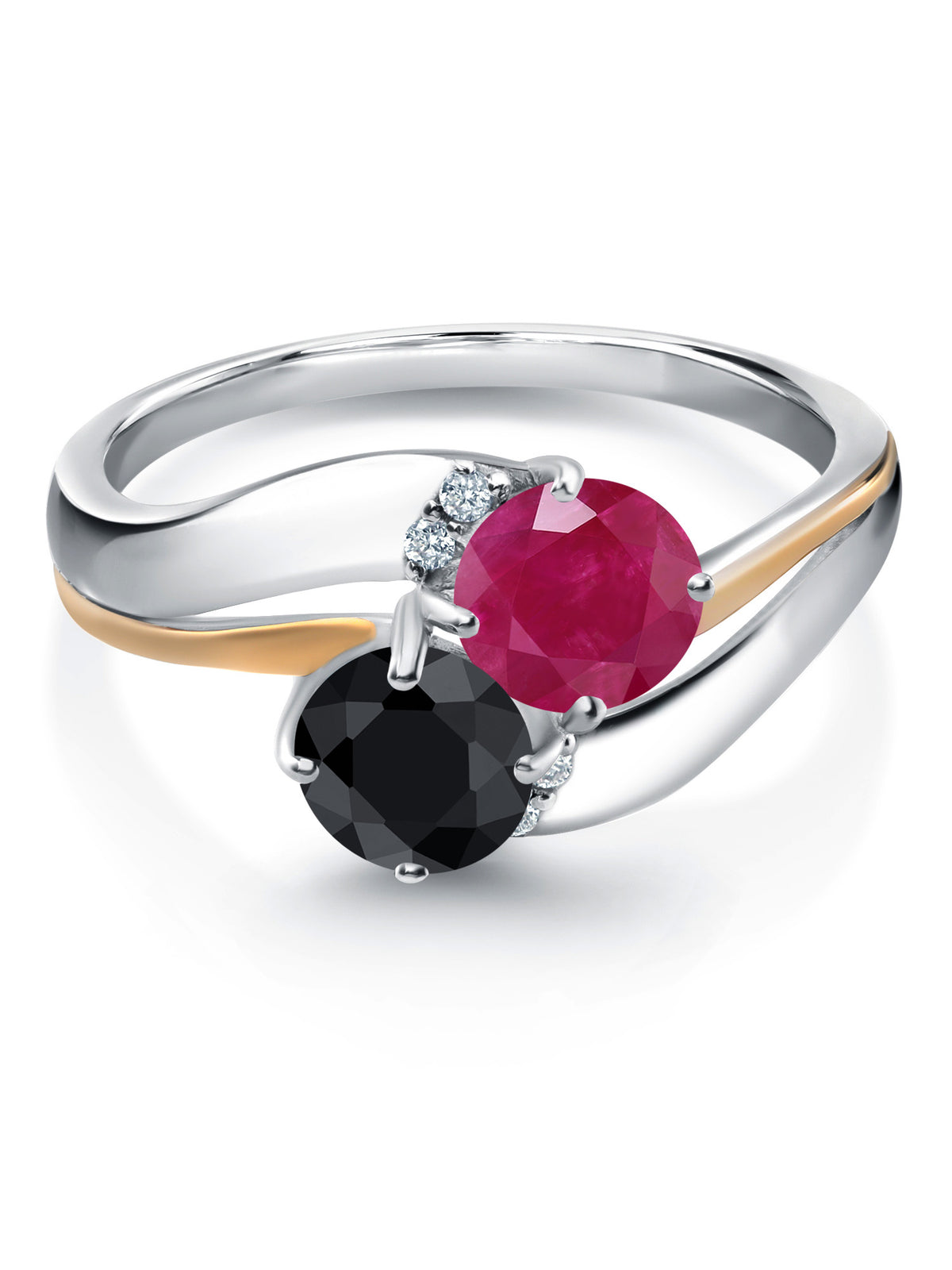 925 Sterling Silver and 10K Yellow Gold Black Sapphire Red Ruby 5MM Round 2 Stone Lab Grown Diamond Accent Ring P988542
