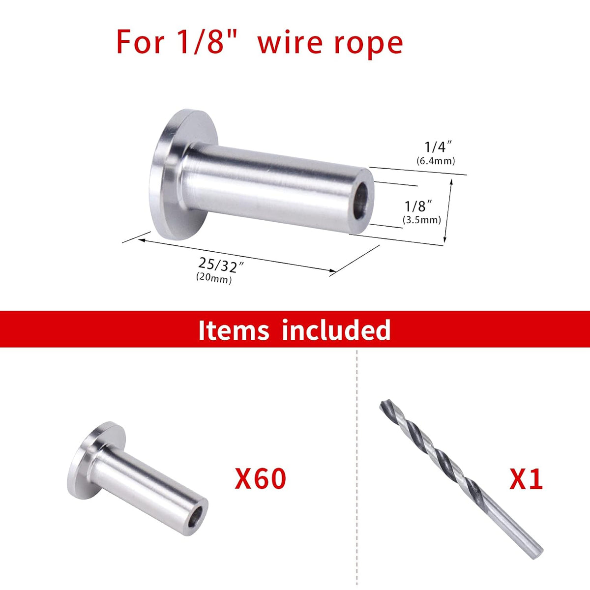 60Pack Stainless Steel Cable Railing Kit Hardware for 1/8 Wire Rope Wood Posts T316 Marine Grade Deck Stair Railing V48451