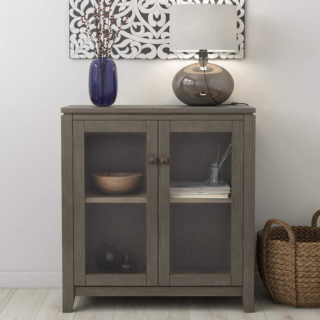 Farmhouse Grey 30 inch Low Storage Cabinet with 2 Tempered Glass Doors J921639