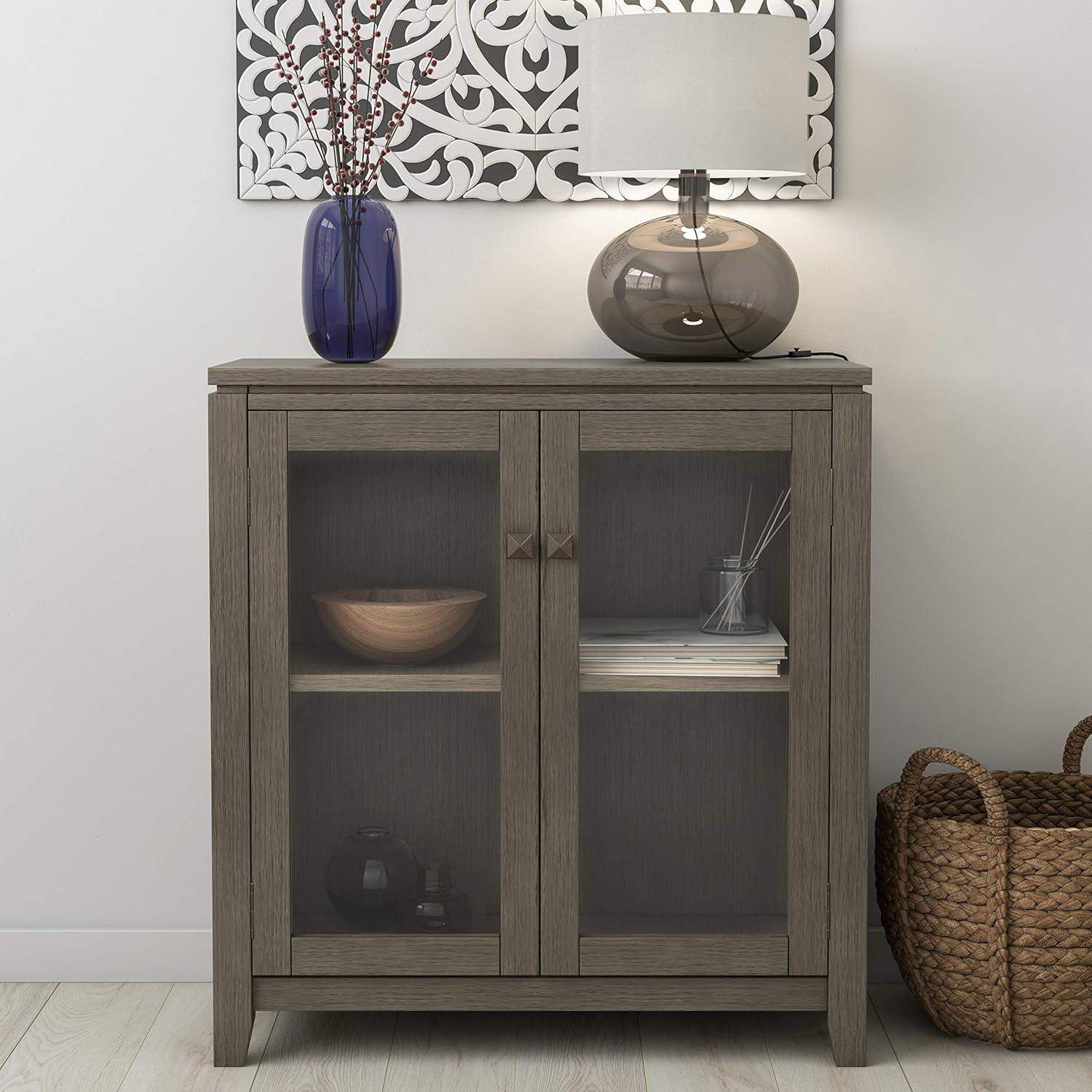 Farmhouse Grey 30 inch Low Storage Cabinet with 2 Tempered Glass Doors J921639