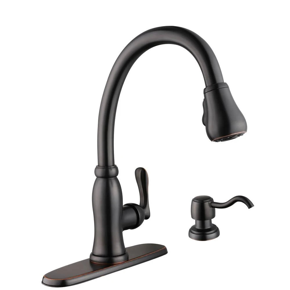 Bronze Single-Handle Pull-Down Sprayer Kitchen Faucet with Soap Dispenser N52036