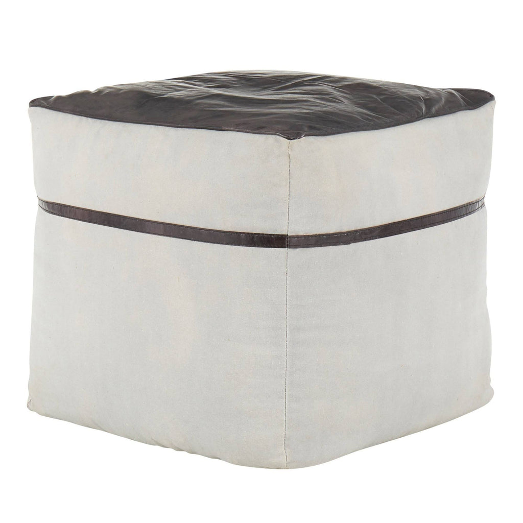 Black Leather Grey Canvas Pouf F8787