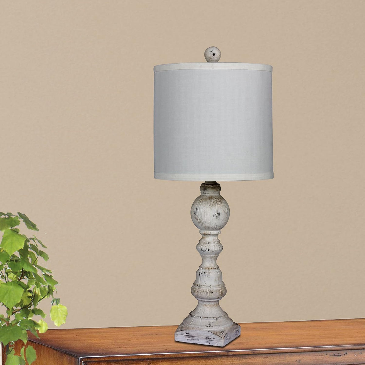 Pair of 26 in. Distressed Resin Table Lamps in Cottage Antique White Finish W354