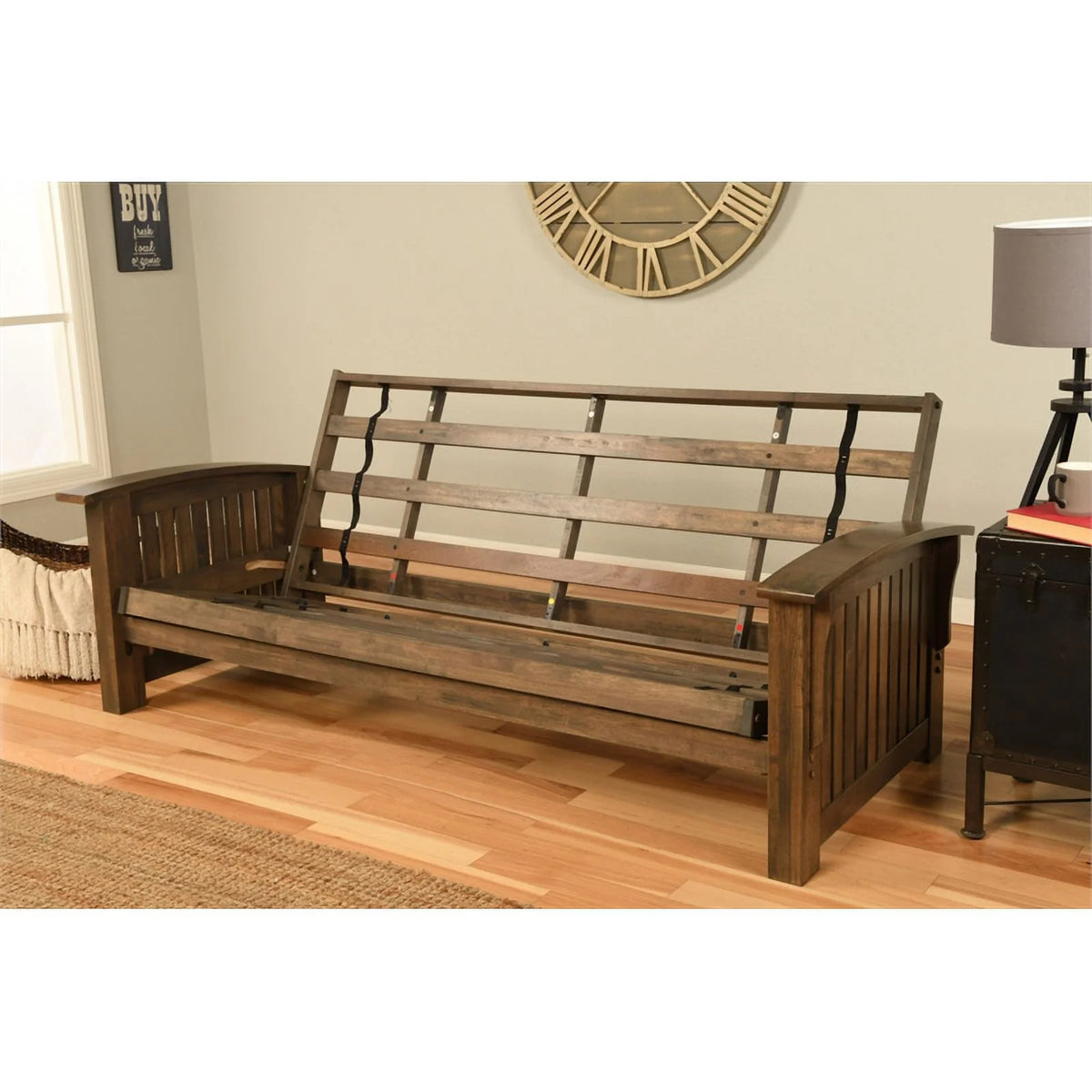 Rustic Walnut Futon with Suede Black Mattress C6323