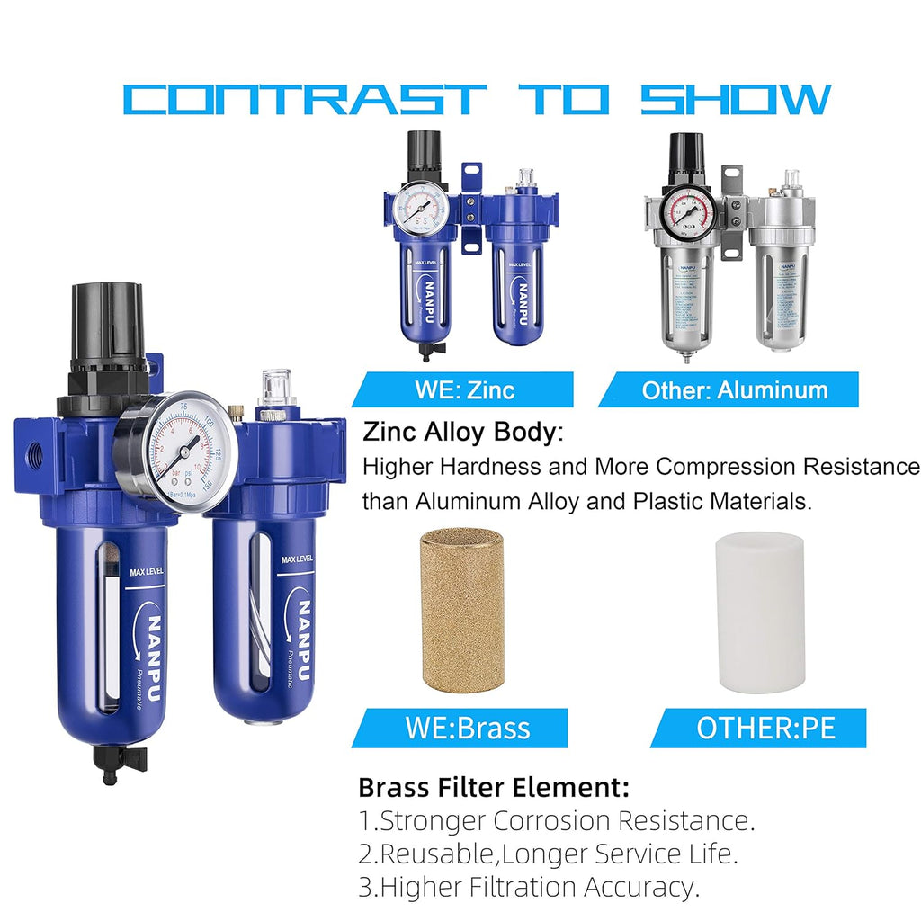 1/2 NPT Compressed Air Filter Regulator Lubricator, Zinc Alloy, 5 Micron Brass Element, 0-150 psi Gauge Q91971