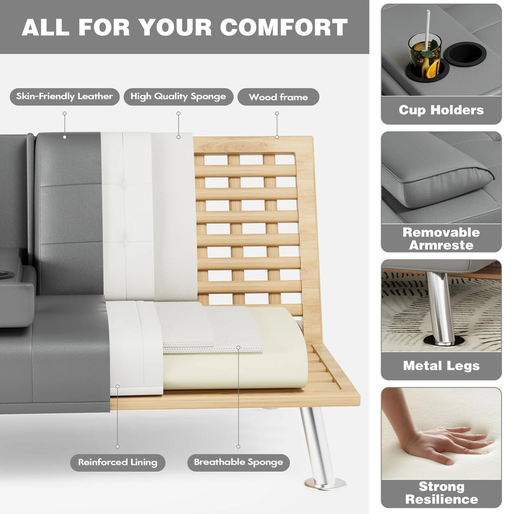 Grey Faux Leather Foldable Futon Sofa Bed with Removable Armrests Q809752