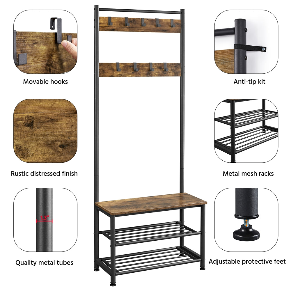 Rustic Brown Wooden Entryway Coat Rack with Shoe Storage Bench Q302130