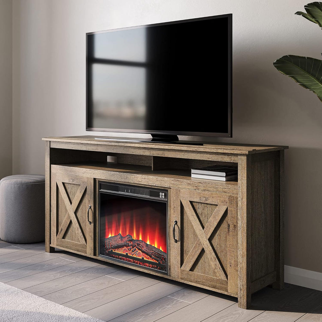 Barn Door Wood Electric Fireplace TV Stand with Two Open Shelves and Cabinets O71269