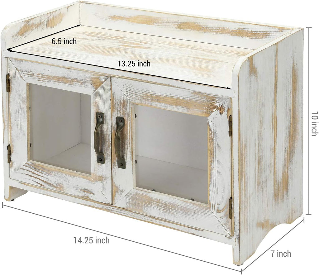 Rustic Whitewashed Wood Countertop Storage Cabinet with Glass Windows V42904