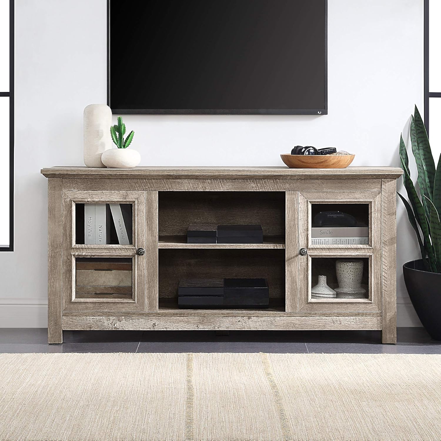 58 Inch Electric Fireplace TV Stand with Open Storage Shelves & Cabinets T144