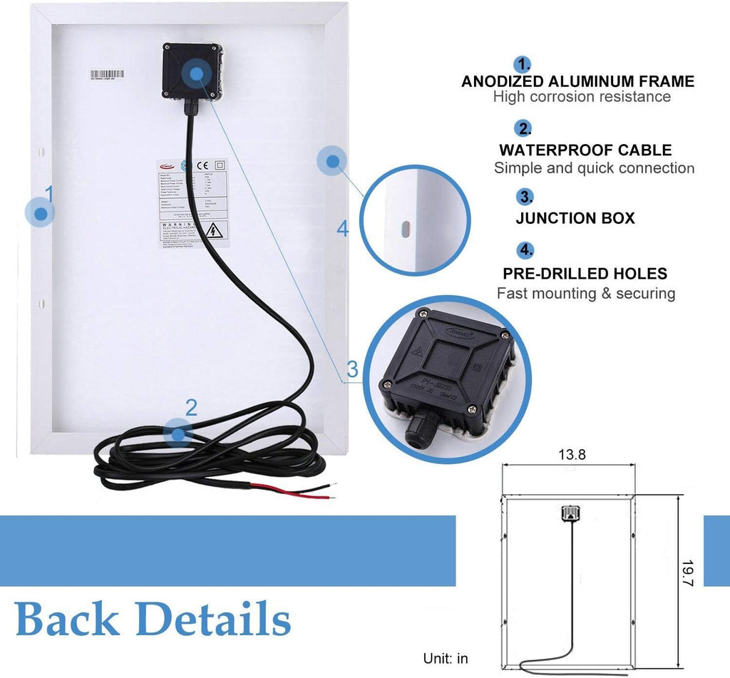 20 Watts 12Volts Polycrystalline Solar Panel with 3Amp Solar Charge Controller and 3ft Crocodile Clip Cables T184782