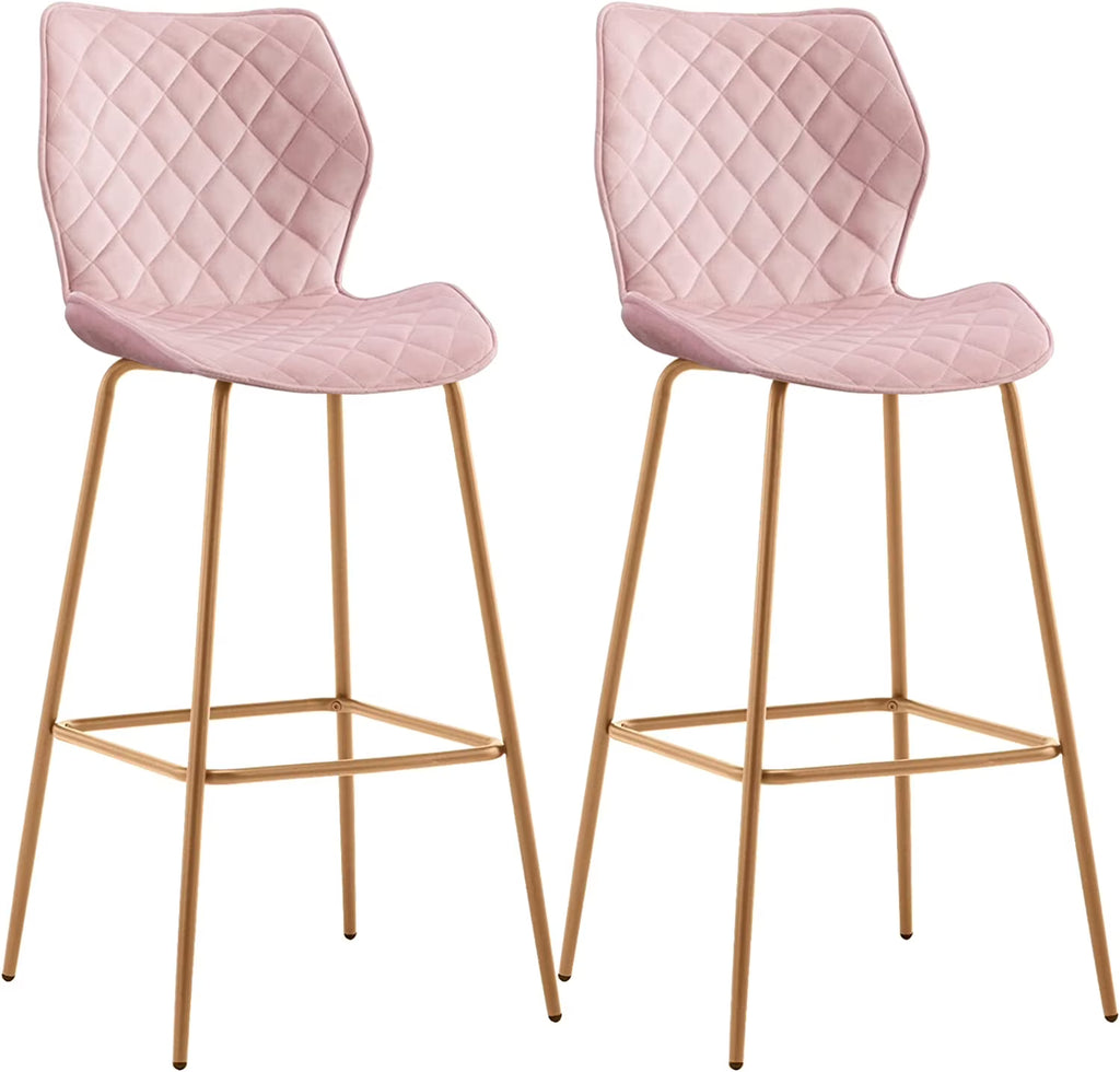 Velvet Bar Stool with Back Set of 2, Gold Metal Legs, Salmon Pink E8104