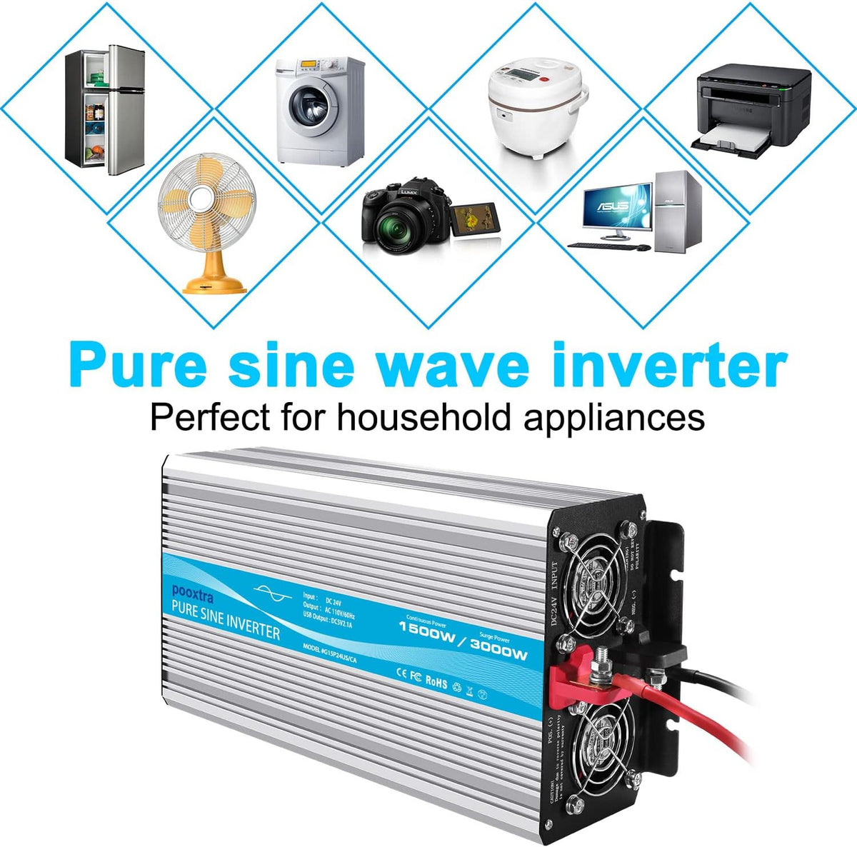 1500 Watt Pure Sine Wave Power Inverter DC 24V to 110V with 4 AC Outlets and 2.1A USB Ports Z7950